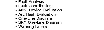 Fault Analysis, Fault Contribution, ANSI Device Evaluation, Arc Flash Evaluation, One-Line Diagram, SKM One-Line Diagram, Warning Labels